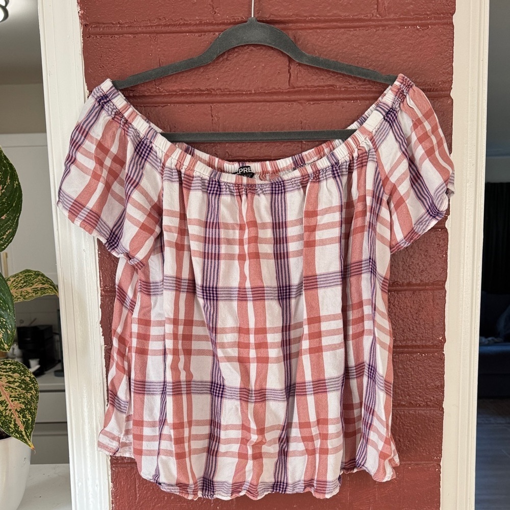 Express Pink and Purple Plaid Off-Shoulder Blouse